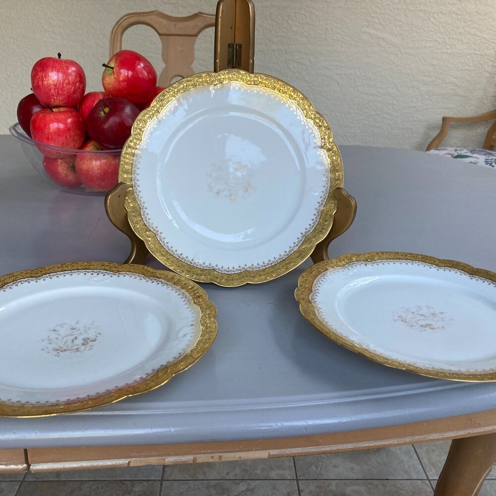 1890 Limoges Luncheon Plates  (3) France Heavy Gold Gilt R&B Gray 9.75"